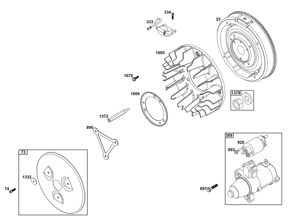 Flywheel/Ignition/Starter Group Diagram and Parts List for 61A677-0100-J1  Briggs and Stratton Engine